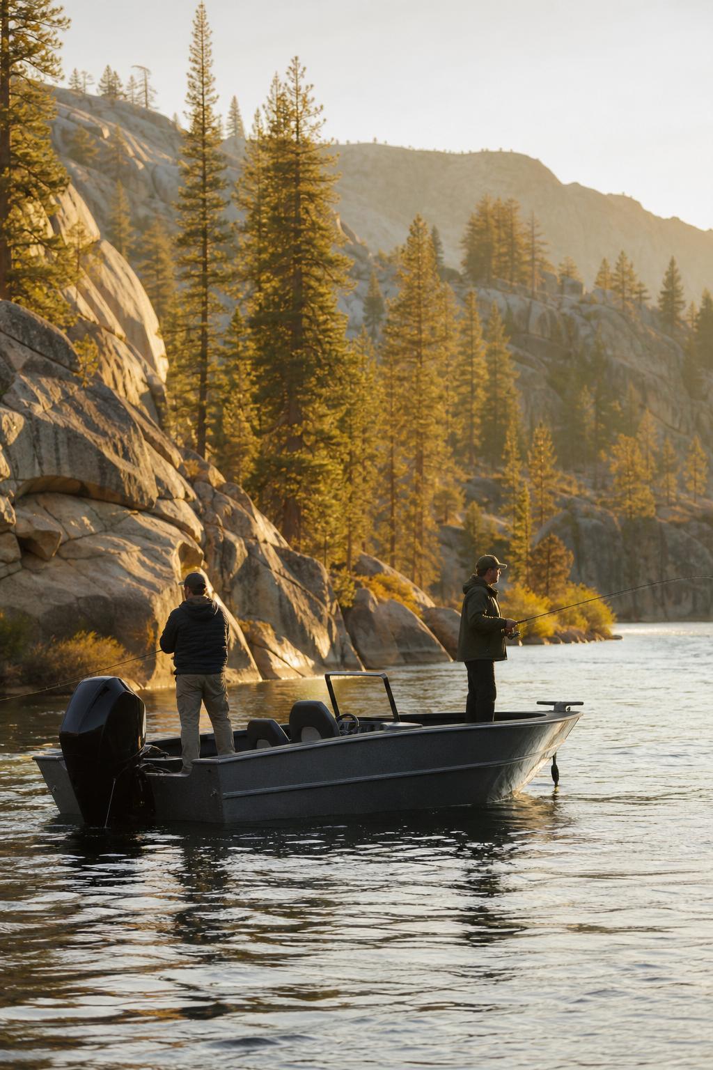 Anglers fishing from a boat on a Sierra Nevada mountain river